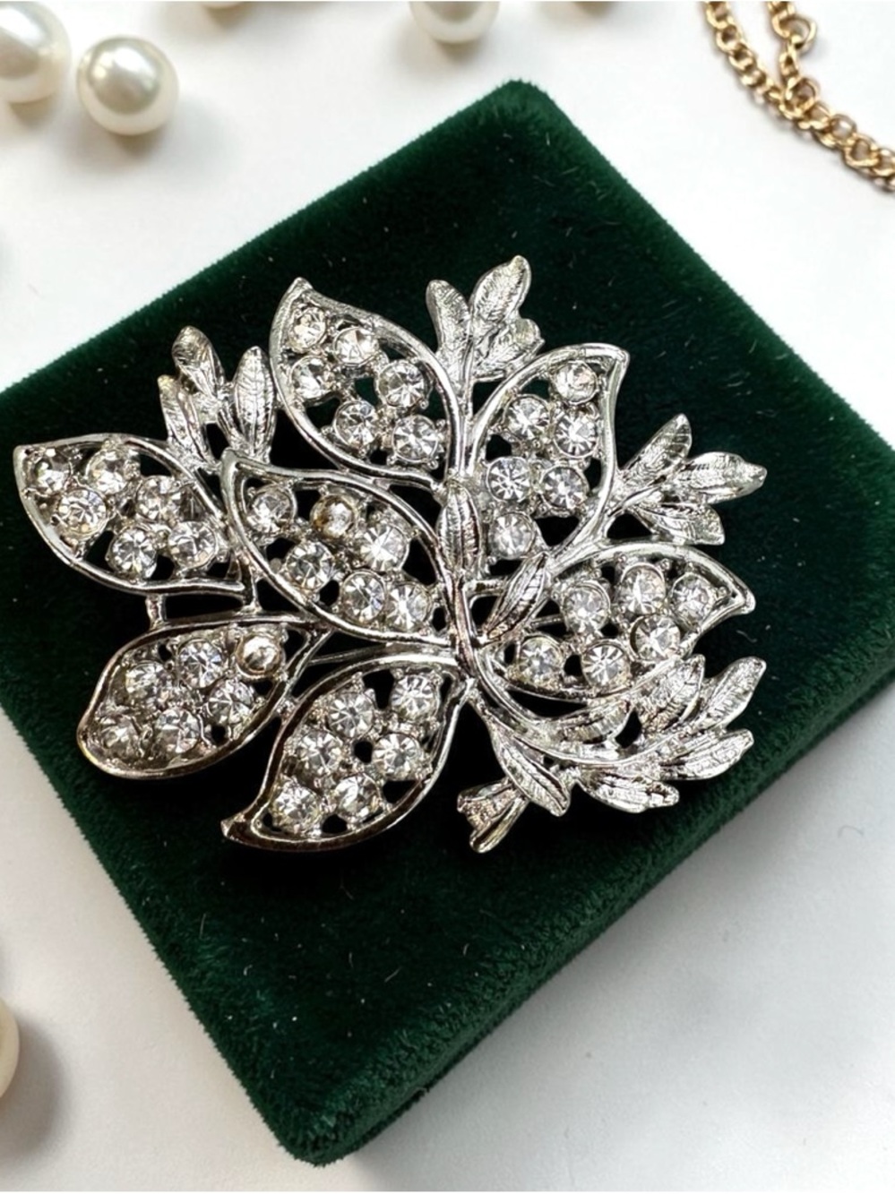 Large Vintage Silver Crystal Leaf Brooch